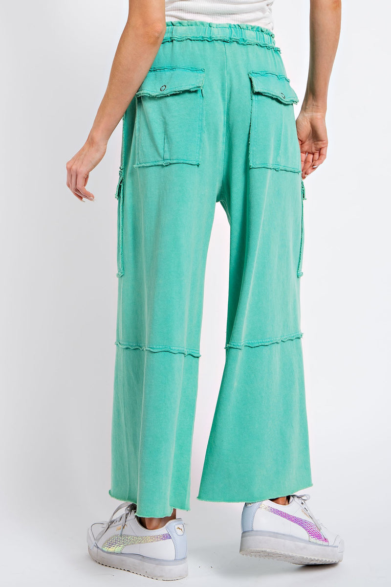 Easel Feeling Good Mineral Washed Utility Pants in Atlantis Green