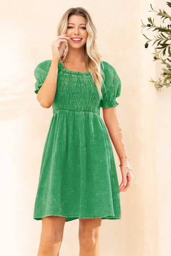 Oddi Mineral Washed Woven Gauze Mini Dress in Washed Green