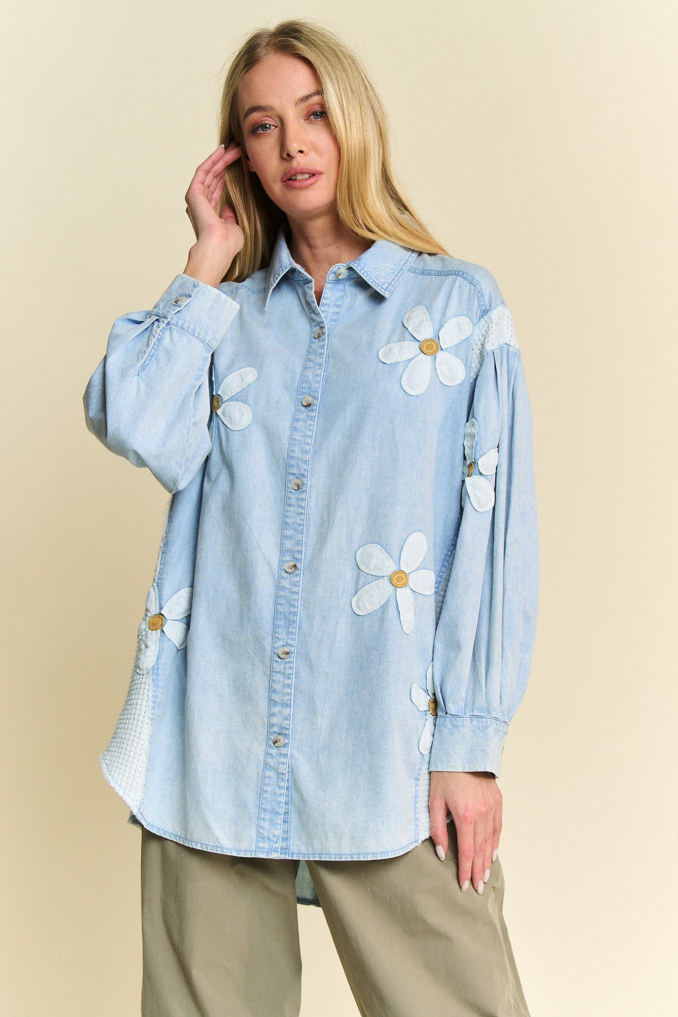 Davi Dani Chambray and Waffle Knit Top with Daisy Patches in Light Denim