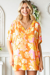First Love Floral Print Relaxed Fit Top in Orange Multi Shirts & Tops First Love   