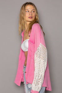 POL Oversized Gauze Top with Open Knit Sweater Sleeves in Bubblegum Pink Shirts & Tops POL Clothing   