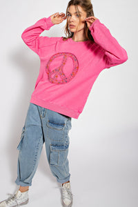 Easel Peace Sign Washed Terry Knit Pullover in Cotton Candy ON ORDER Top Easel   