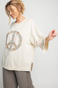 Easel Floral Peace Sign Pullover in Beige ON ORDER ESTIMATED ARRIVAL DECEMBER Shirts & Tops Easel   