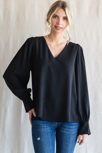 Jodifl Solid Color Long Peasant Sleeves Top in Black Shirts & Tops Jodifl   