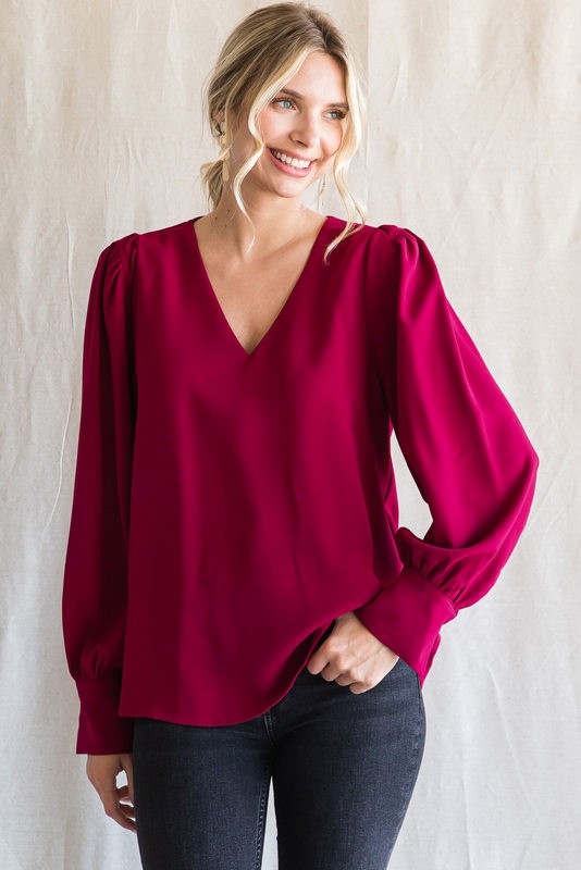 Jodifl Solid Color Long Peasant Sleeves Top in Burgundy Shirts & Tops Jodifl   