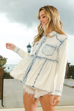 Load image into Gallery viewer, BiBi Washed Denim Button Down Baby Doll Top in Light Denim
