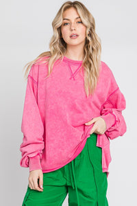 Sewn+Seen Mineral Wash Ruched Sleeve Top in Fuchsia Shirts & Tops Sewn+Seen   