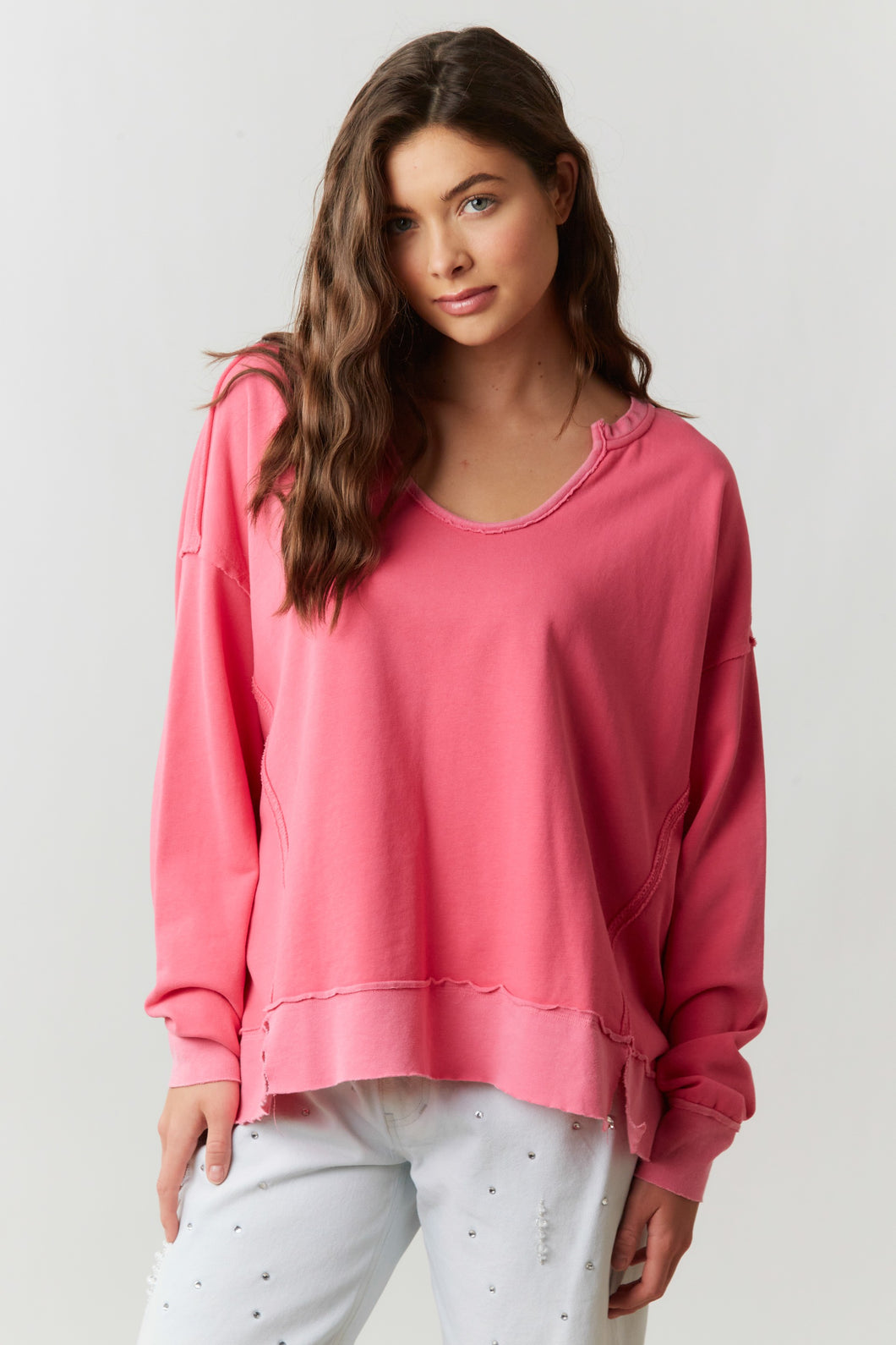 Peach Love Washed Contrast Sweatshirt in Pink Shirts & Tops Peach Love California   