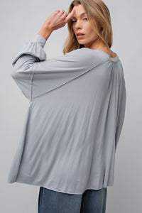 Easel Long Sleeve Span Tiered Top in Blue Grey Shirts & Tops Easel   
