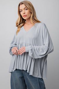 Easel Long Sleeve Span Tiered Top in Blue Grey Shirts & Tops Easel   