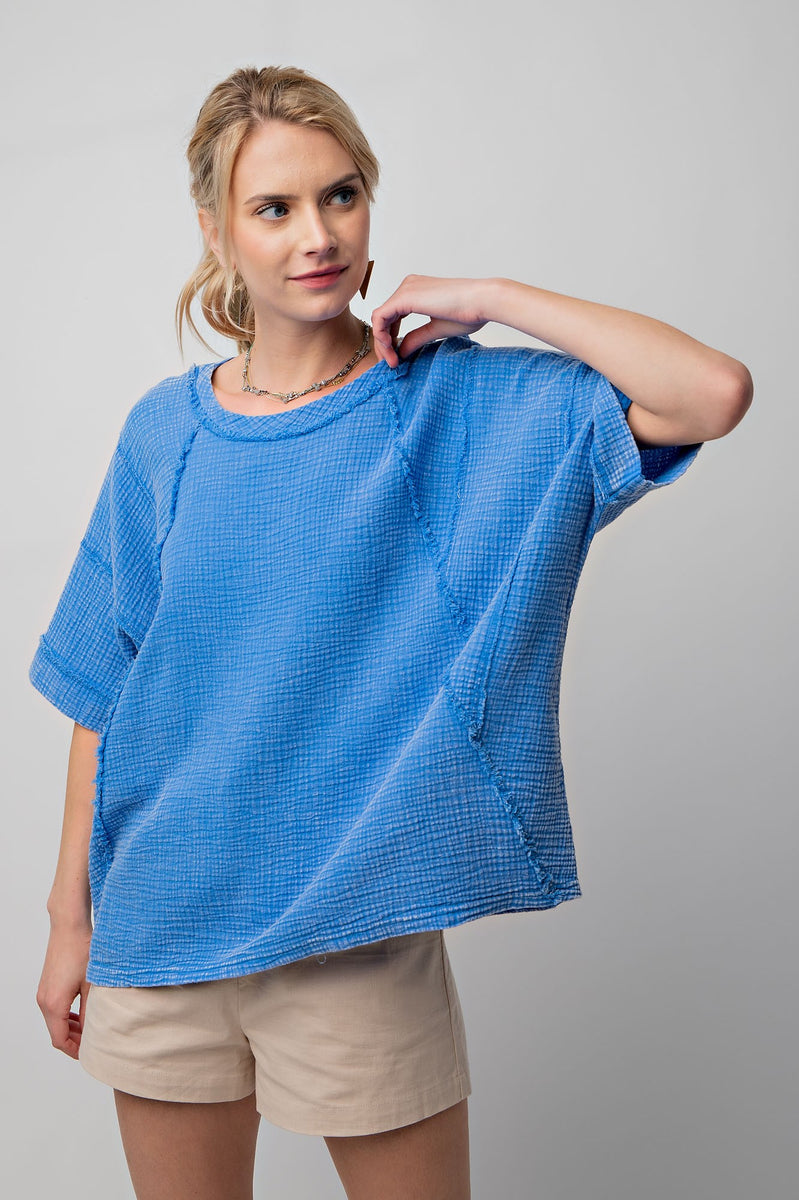 Easel Cotton Gauze Boxy Top in Royal Blue June Adel