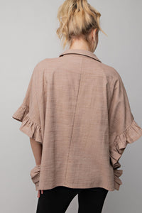 Easel Melange Cotton Linen Oversized Top in Khaki  Easel   