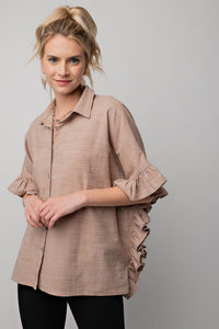 Easel Melange Cotton Linen Oversized Top in Khaki  Easel   