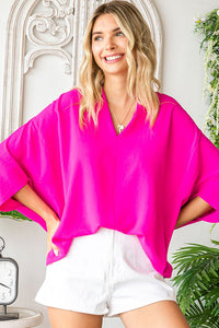 First Love Solid Color Woven Top in Ultra Hot Pink Shirts & Tops First Love   