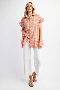 Easel Plaid Button Down Tunic Top in Coral Shirts & Tops Easel   