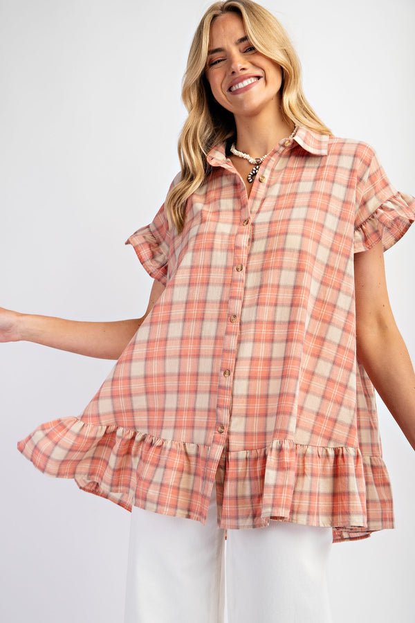 Easel Plaid Button Down Tunic Top in Coral Shirts & Tops Easel   