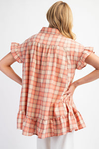 Easel Plaid Button Down Tunic Top in Coral Shirts & Tops Easel   