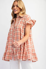 Load image into Gallery viewer, Easel Plaid Button Down Tunic Top in Coral Shirts &amp; Tops Easel   
