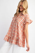 Load image into Gallery viewer, Easel Plaid Button Down Tunic Top in Coral Shirts &amp; Tops Easel   
