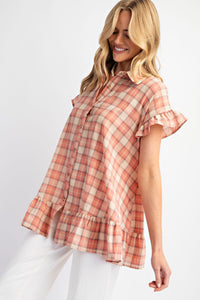 Easel Plaid Button Down Tunic Top in Coral Shirts & Tops Easel   