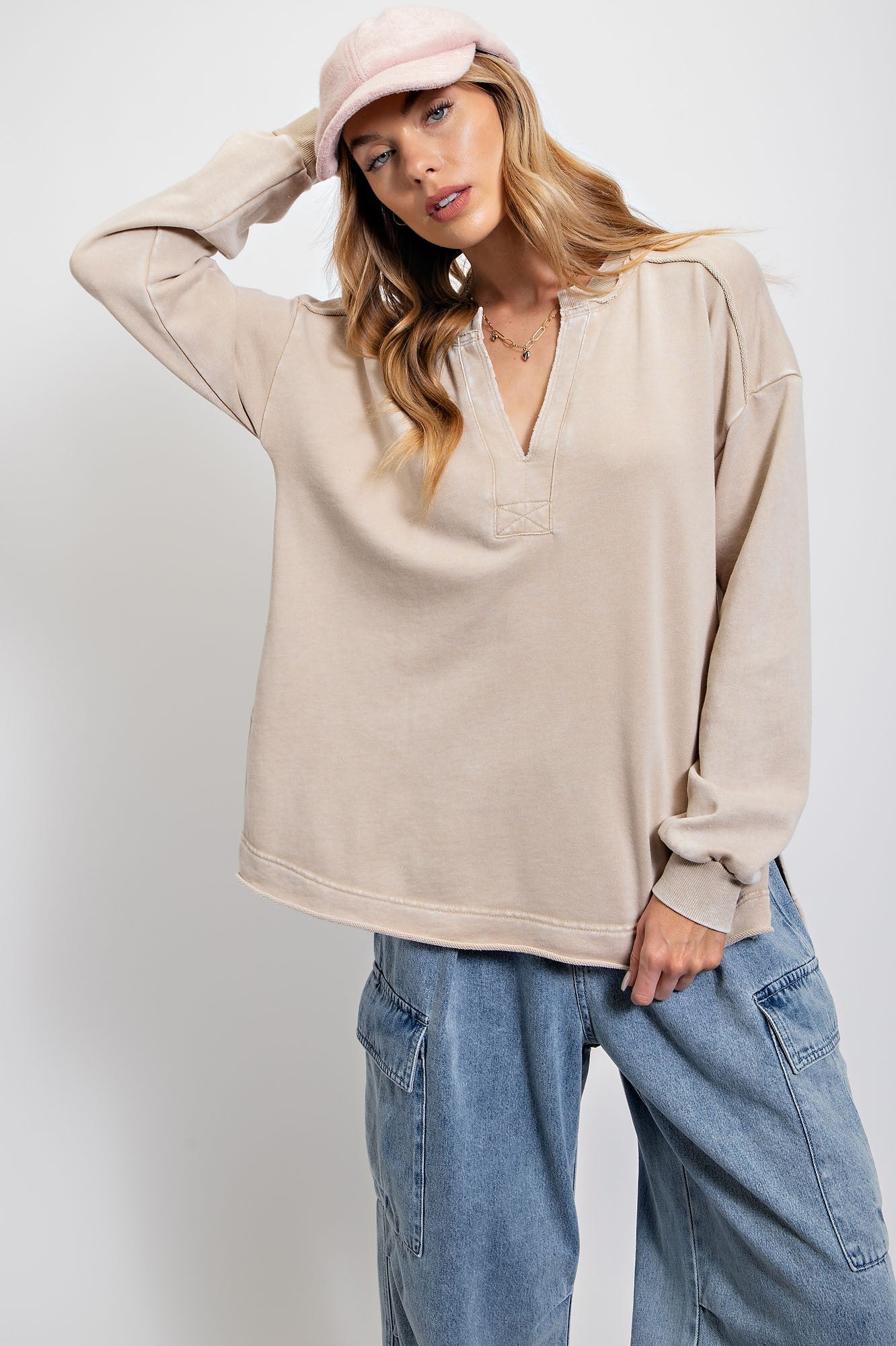 Easel Terry Knit Pullover in Light Khaki – June Adel