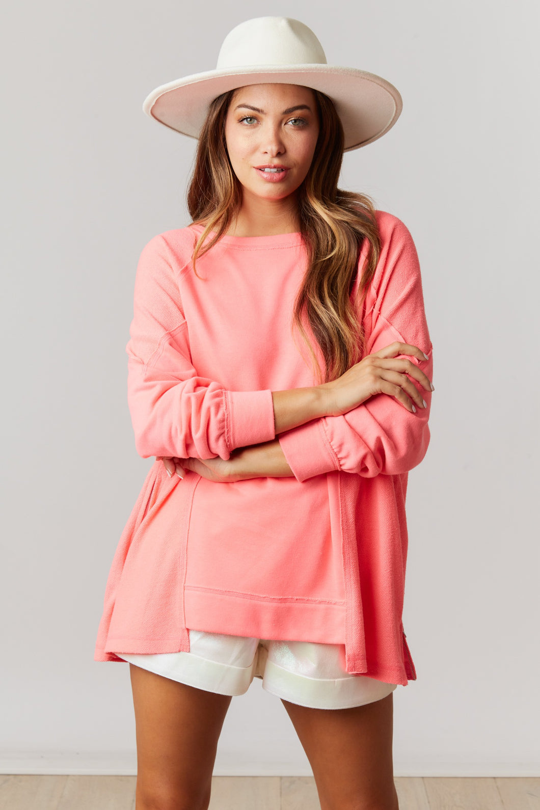 Fantastic Fawn Pull Over With Side Zipper Details in Neon Pink Shirts & Tops Fantastic Fawn   