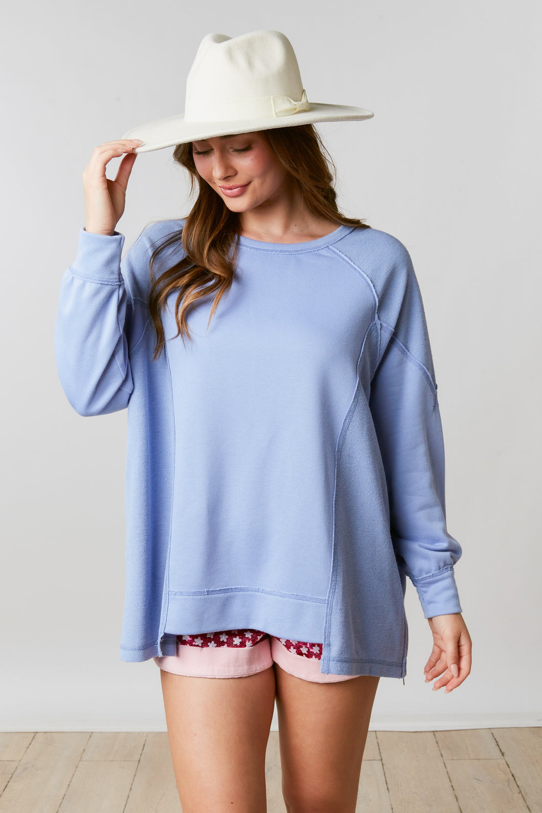 Fantastic Fawn Pull Over With Side Zipper Details in Light Blue Shirts & Tops Fantastic Fawn   
