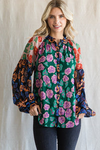 Jodifl Colorblock Flower Print Top in Hunter Green Mix Shirts & Tops Jodifl   