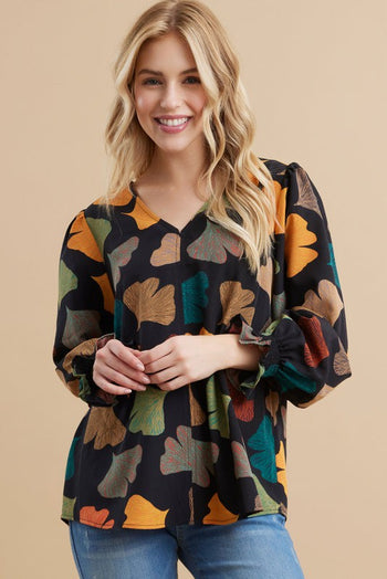 Jodifl Ginkgo Leaves Print Top in Black Shirts & Tops Jodifl   