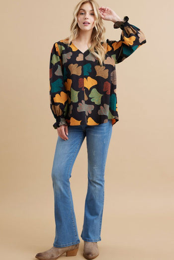 Jodifl Ginkgo Leaves Print Top in Black Shirts & Tops Jodifl   