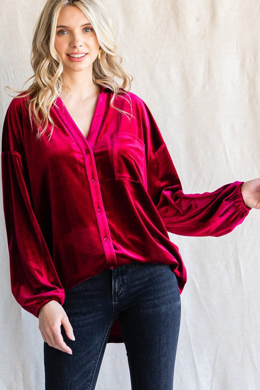 Jodifl Solid Color Button Down Velvet Top in Wine Shirts & Tops Jodifl   
