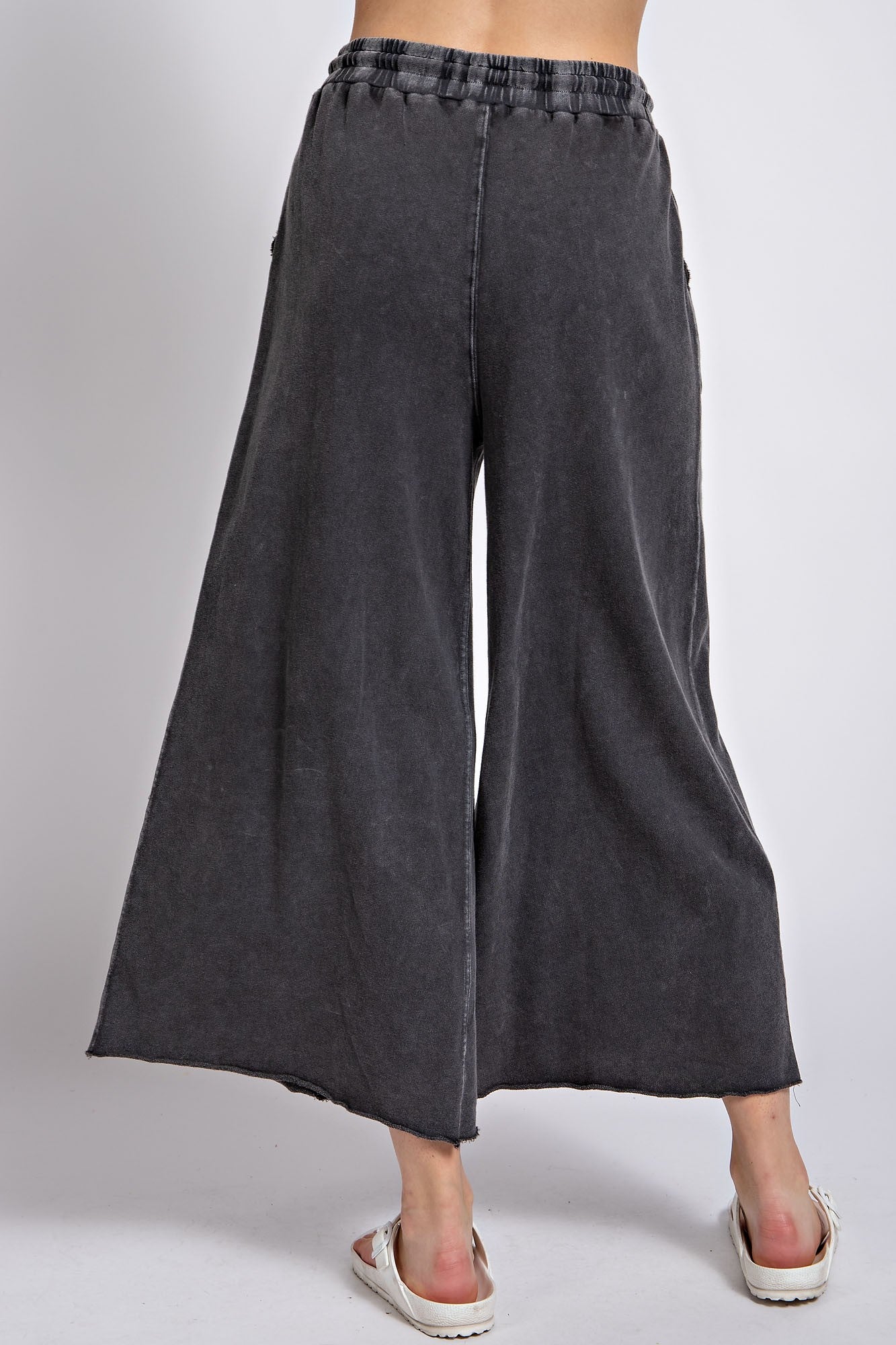 Easel Washed Terry Knit Wide Leg Pants in Black – June Adel