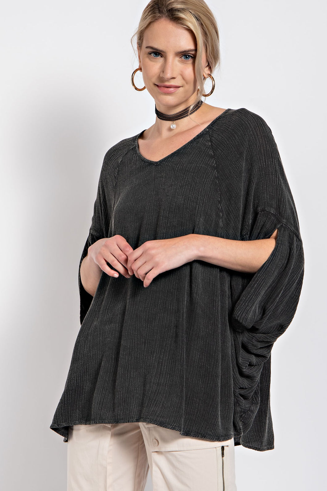Easel Mineral Washed Gauze Loose Fit Top In Black Shirts & Tops Easel   