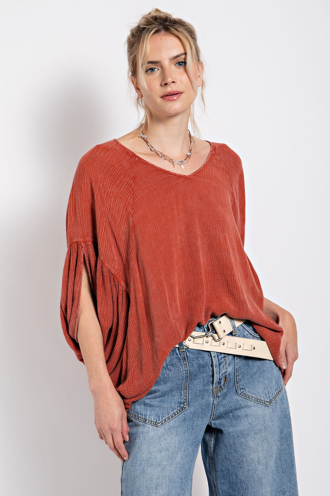 Easel Mineral Washed Gauze Loose Fit Top In Brick Shirts & Tops Easel   