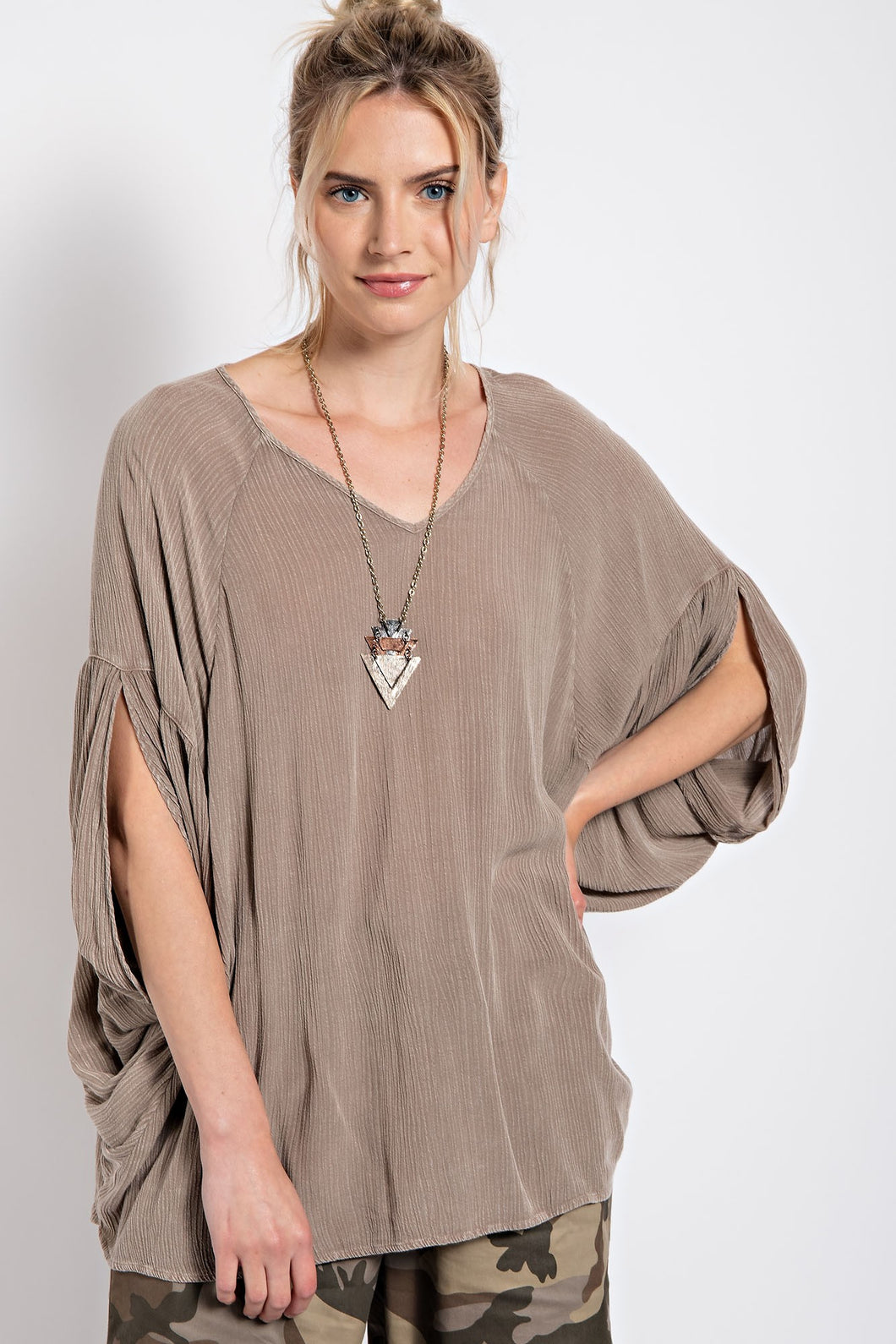 Easel Mineral Washed Gauze Loose Fit Top In Mocha Shirts & Tops Easel   