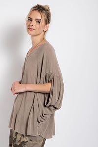 Easel Mineral Washed Gauze Loose Fit Top In Mocha Shirts & Tops Easel   