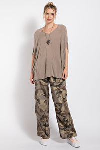 Easel Mineral Washed Gauze Loose Fit Top In Mocha Shirts & Tops Easel   