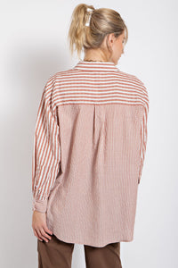 Easel Mixed Stripes Button Down Oversized Shirt in Crimson Shirts & Tops Easel   