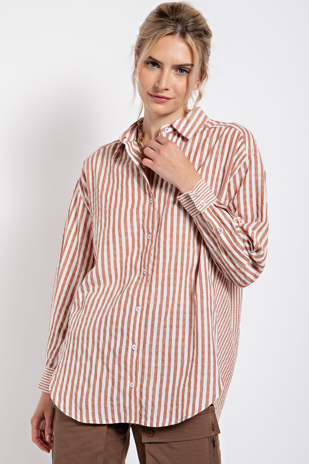 Easel Mixed Stripes Button Down Oversized Shirt in Crimson Shirts & Tops Easel   