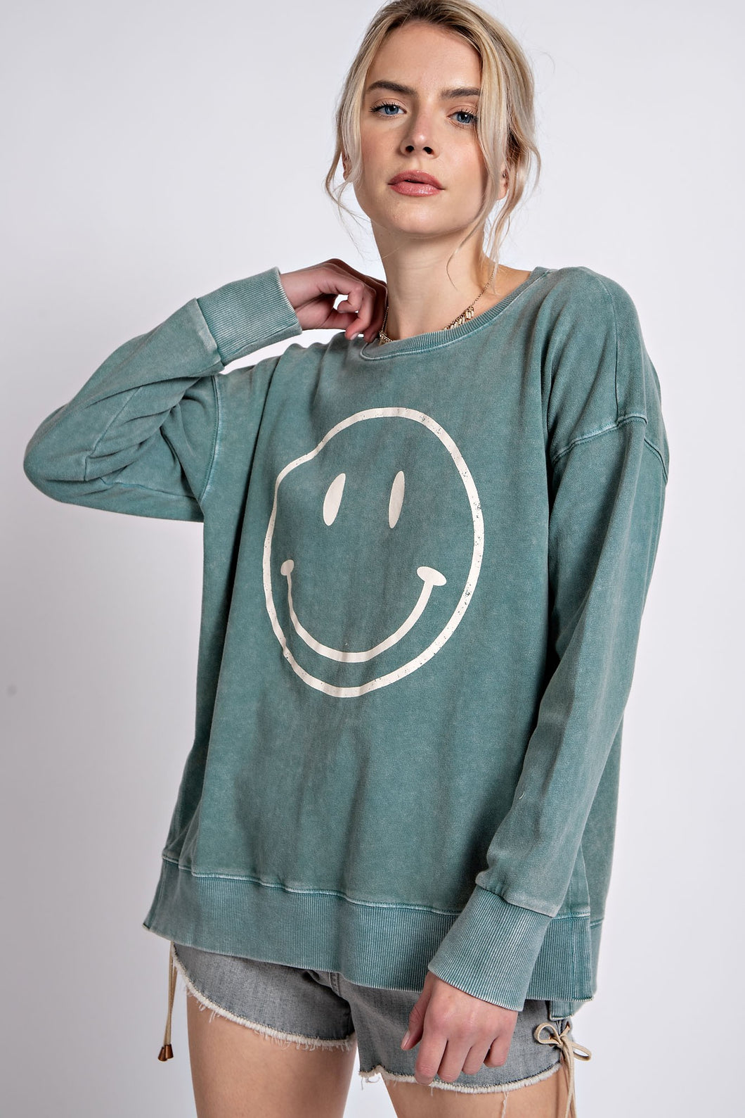 Easel Smiley Face Top in Teal Green Shirts & Tops Easel   