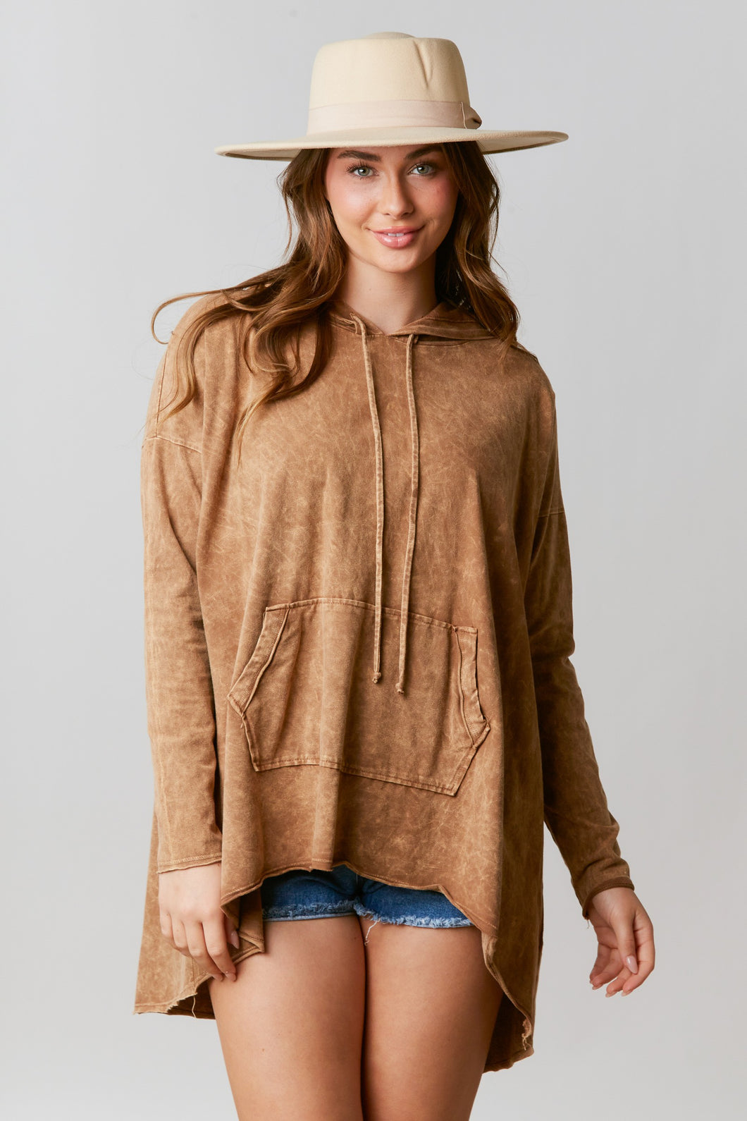 Fantastic Fawn Mineral Washed Cotton Jersey Hooded Loose Fit Top in Camel Shirts & Tops Fantastic Fawn   