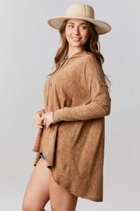 Fantastic Fawn Mineral Washed Cotton Jersey Hooded Loose Fit Top in Camel Shirts & Tops Fantastic Fawn   