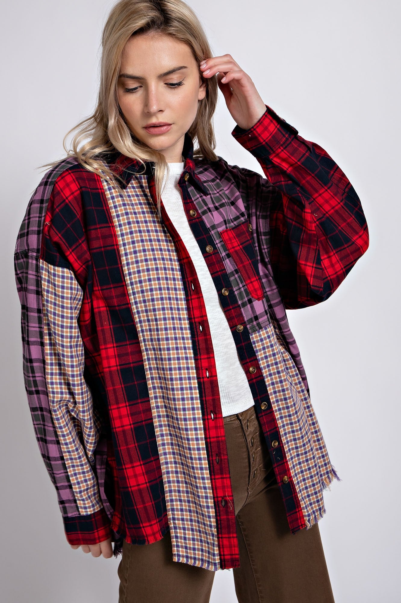 Easel MixnMatch Plaid Button Down Shirt in Red June Adel