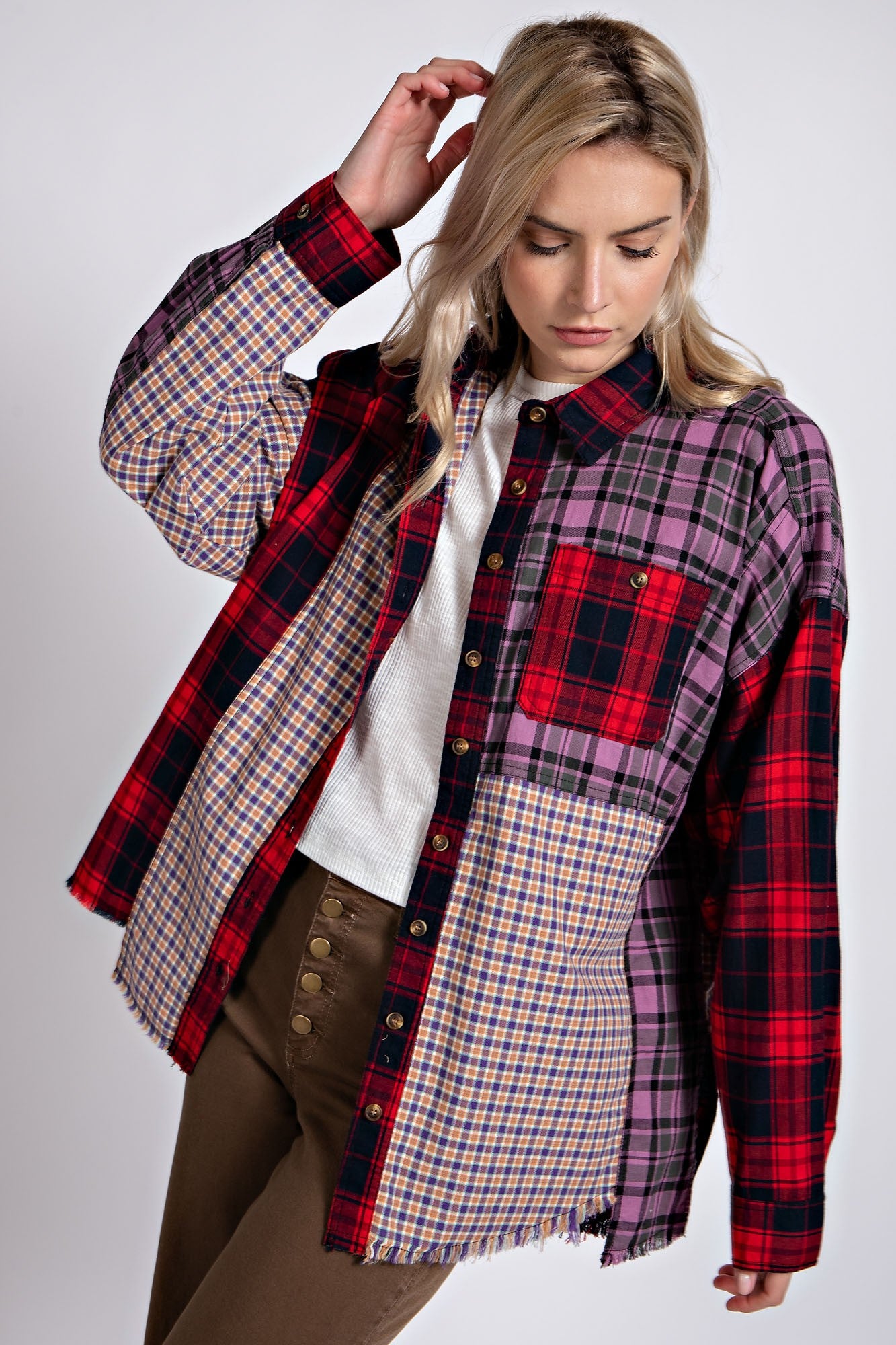 Easel MixnMatch Plaid Button Down Shirt in Red June Adel