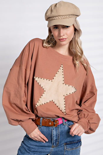 Easel Suede Patch Cotton Jersey Top in Camel Shirts & Tops Easel   