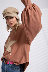 Easel Suede Patch Cotton Jersey Top in Camel ON ORDER LATE SEPTEMBER Shirts & Tops Easel   