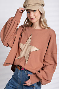Easel Suede Patch Cotton Jersey Top in Camel Shirts & Tops Easel   