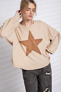 Easel Suede Patch Cotton Jersey Top in Natural Shirts & Tops Easel   