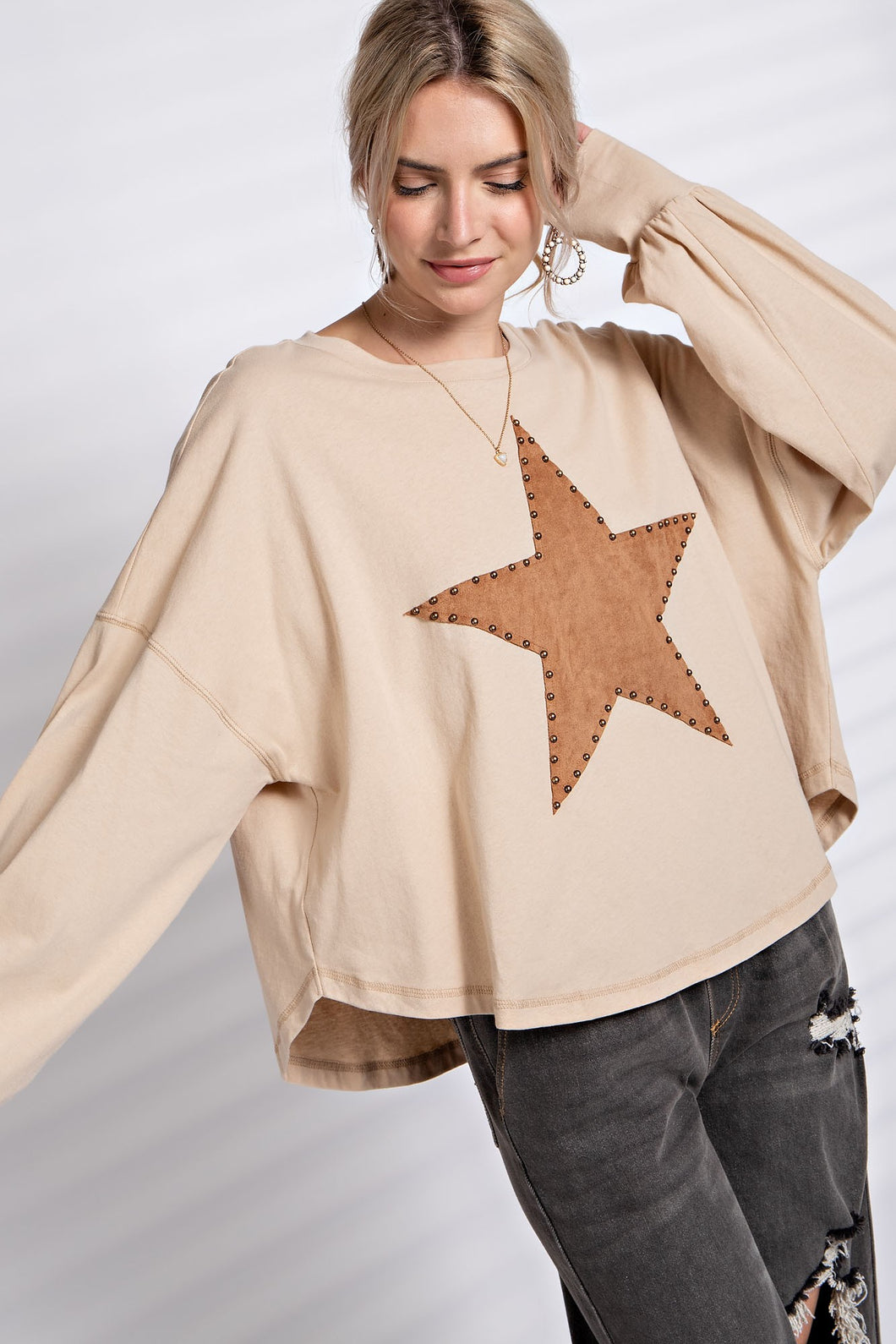 Easel Suede Patch Cotton Jersey Top in Natural Shirts & Tops Easel   