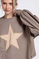 Easel Suede Patch Cotton Jersey Top in Ash Shirts & Tops Easel   